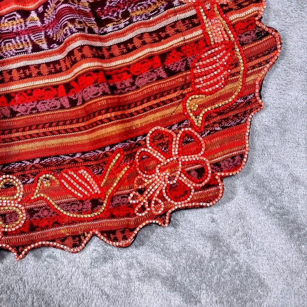 Handmade Guatemalan Embroidered Beaded Apron Floral Folk Art Boho Zipper Pockets